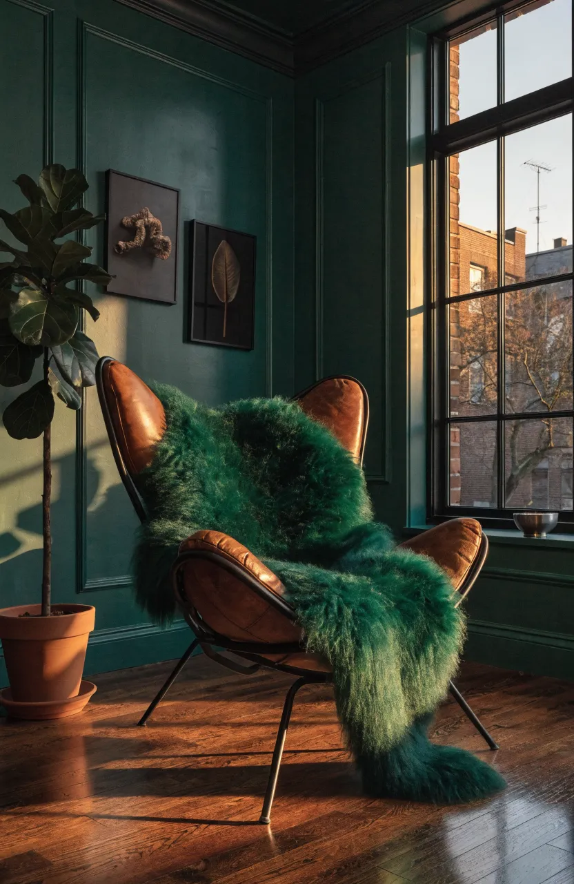 A cognac leather butterfly chair with a green sheepskin throw in a dark green contemporary living room.