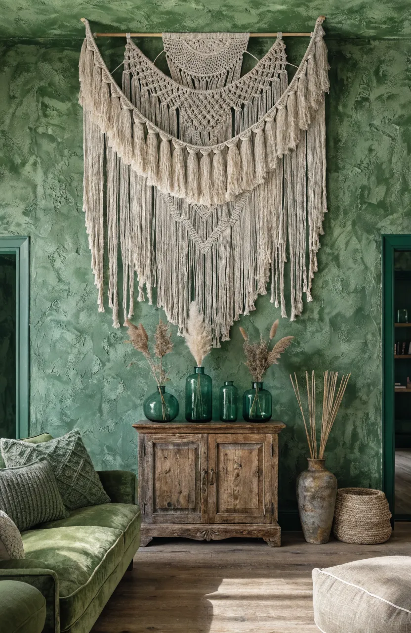 A large cream macrame wall hanging on a moss green wall in a cozy, bohemian living room.