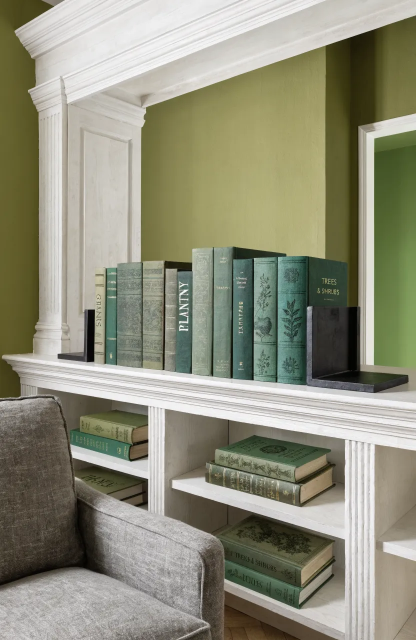 Matte black metal bookends holding green gardening books on a white shelf in a green living room.