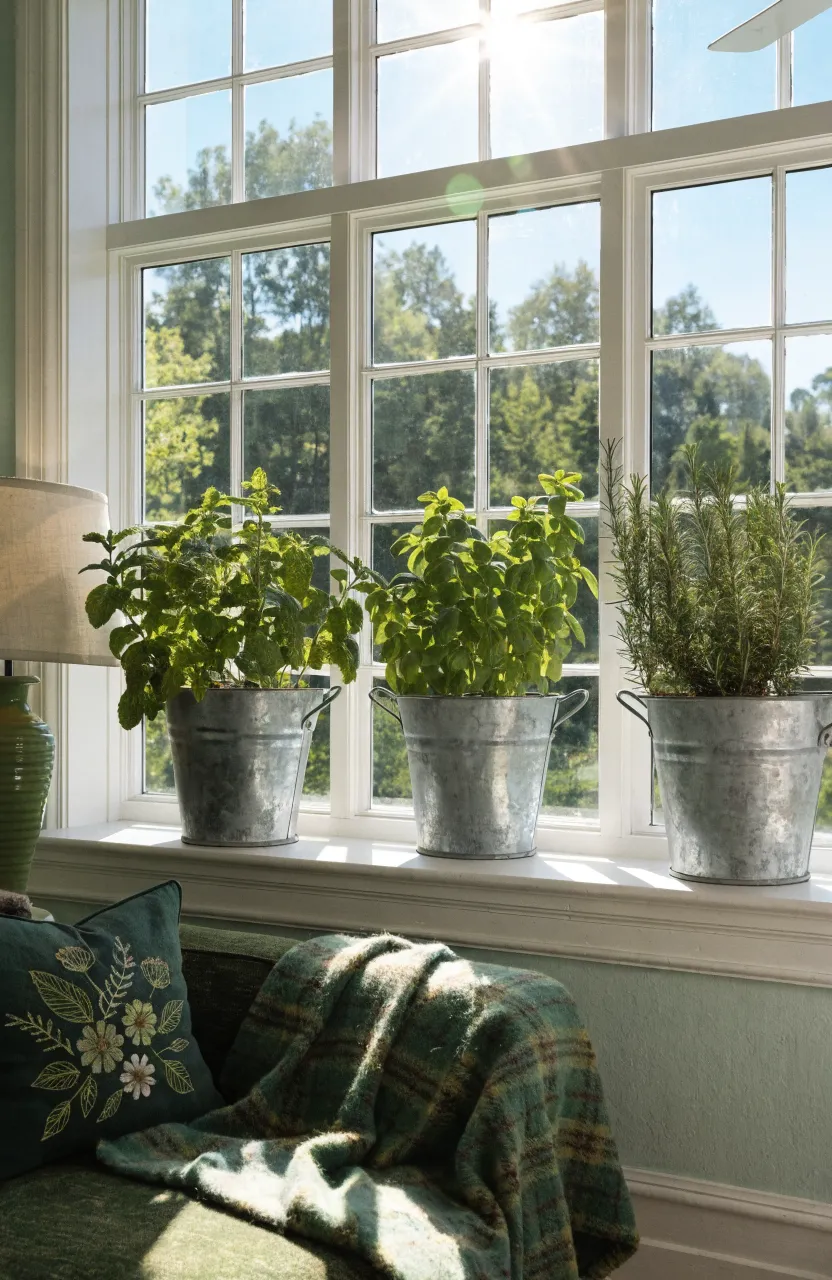 Fresh herbs in zinc pots on a sunny windowsill in a bright, mint green living room.