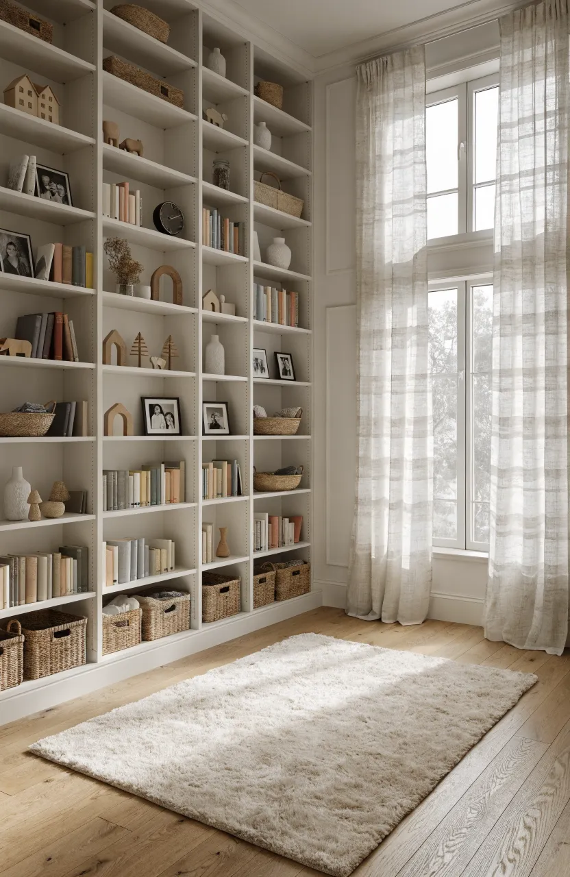 A full-wall built-in bookshelf in a bright nursery filled with books and toys.
