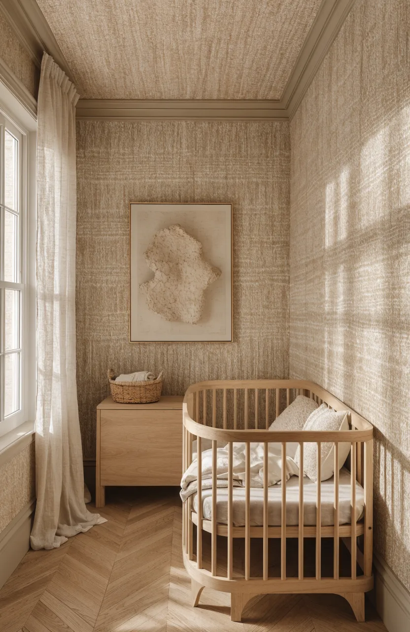 A nursery with textured beige grasscloth wallpaper and minimalist wooden furniture.