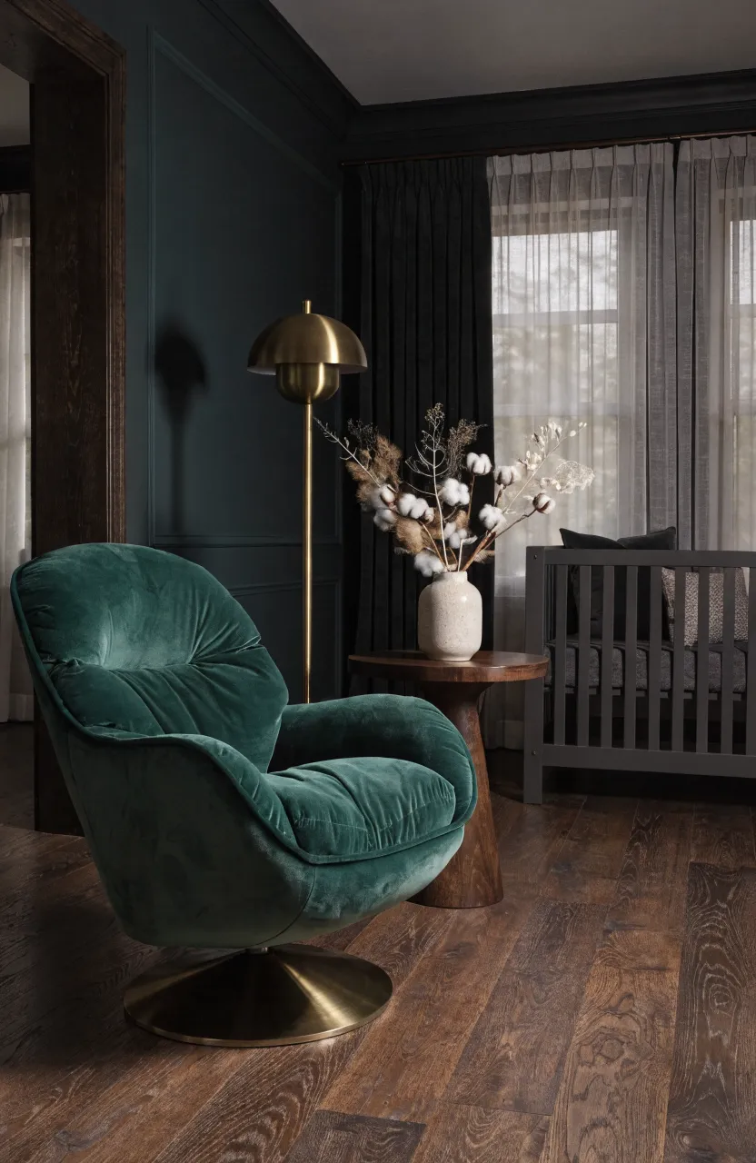 A plush forest green velvet rocking chair in a stylish, moody nursery setting.