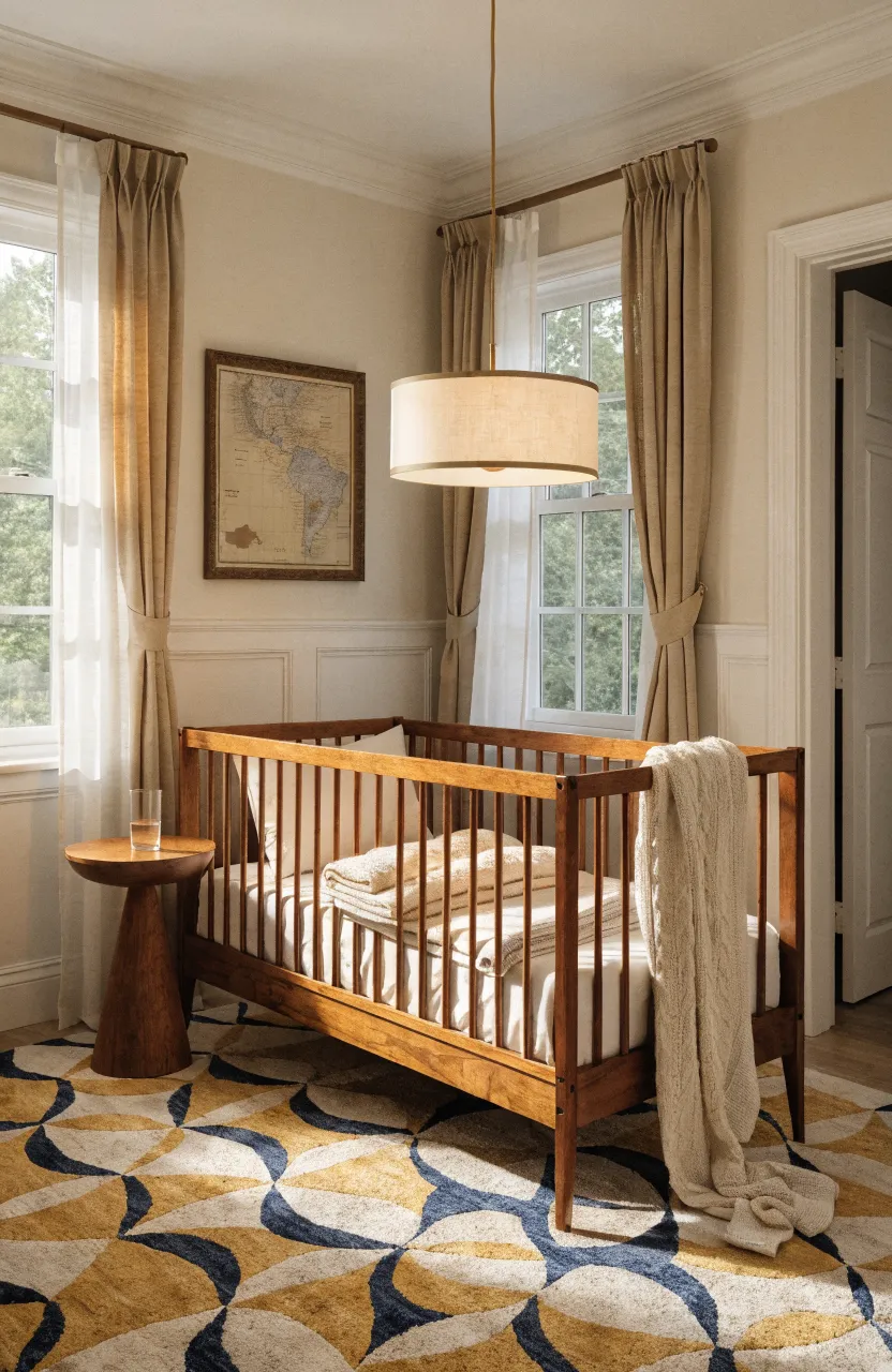 A vintage-style acorn wood crib with tapered legs in a modern nursery.