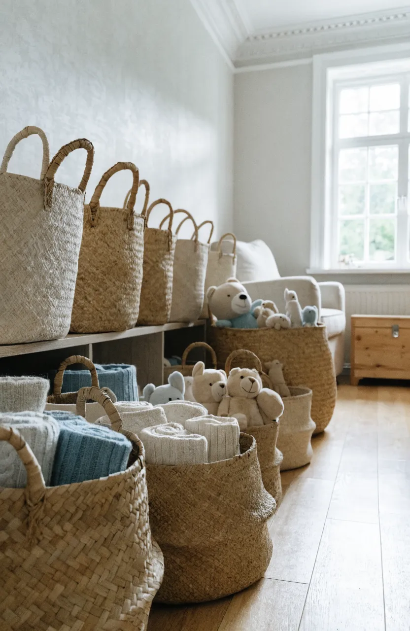 A set of natural woven seagrass baskets used for toy storage in a clean nursery.