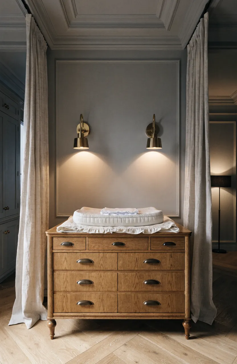 A stylish nursery with two brass wall sconces glowing over a wooden dresser.