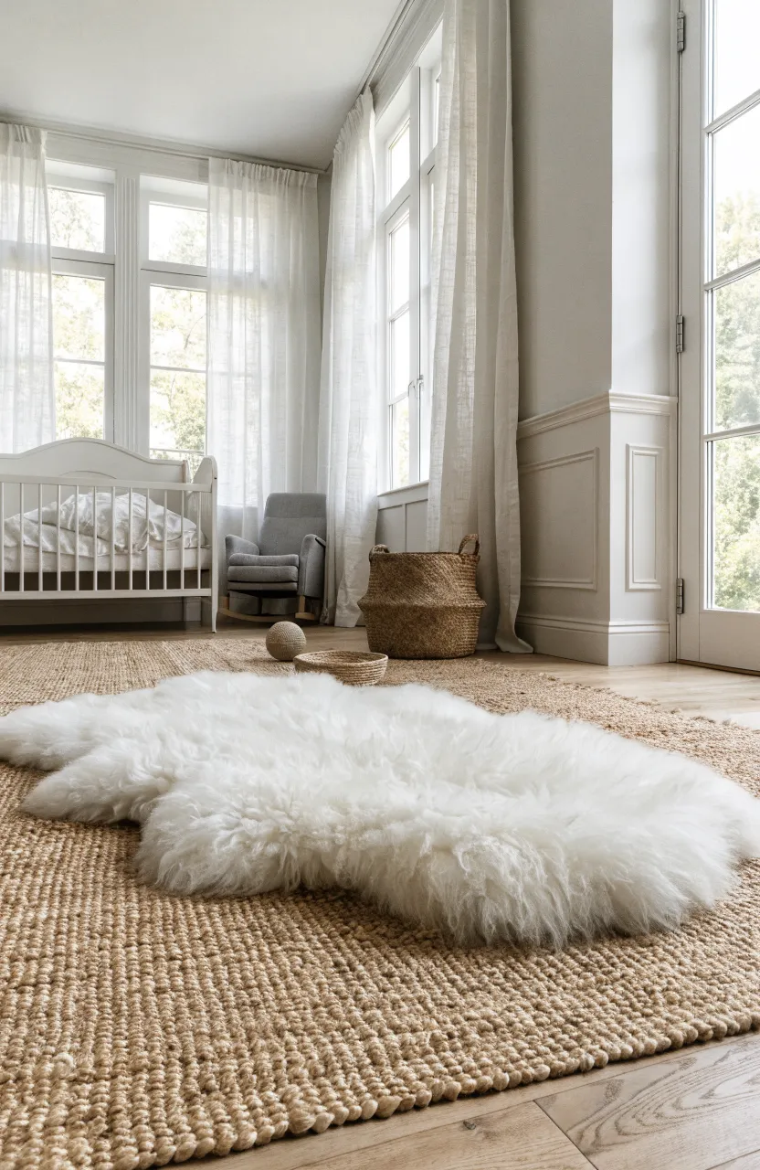 A fluffy white sheepskin rug layered on a jute rug in a sunlit nursery.