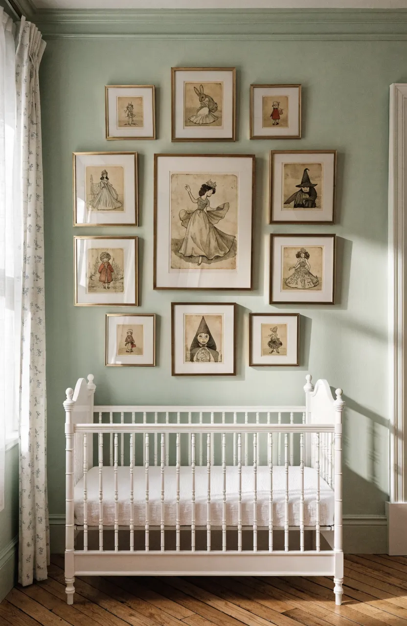 Vintage storybook pages in gold frames hanging on a sage green nursery wall.