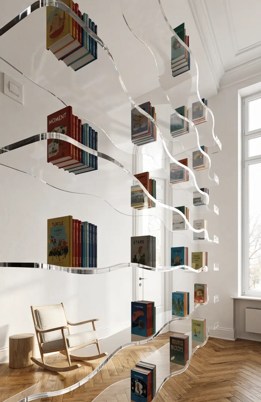 Clear acrylic floating shelves holding colorful books on a white nursery wall.