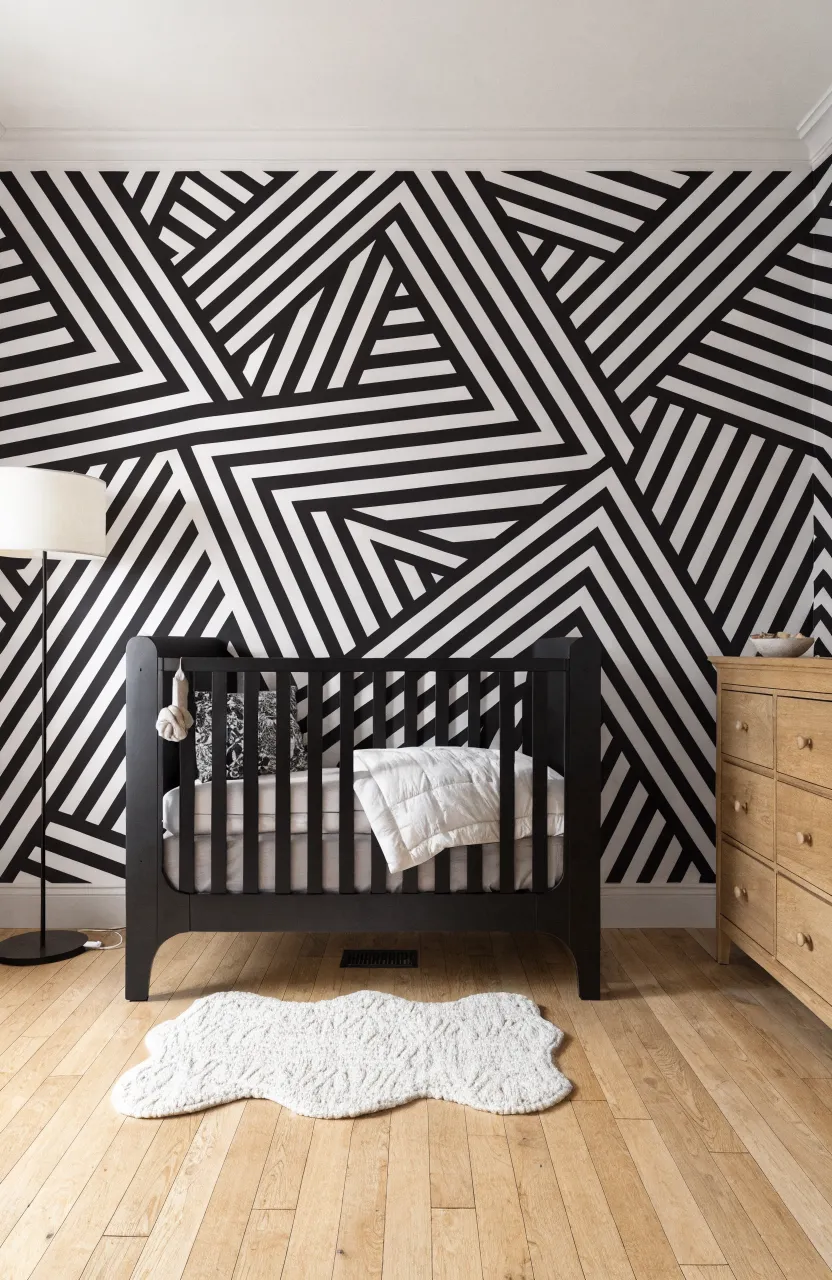 A nursery featuring a bold black and white geometric pattern accent wall.
