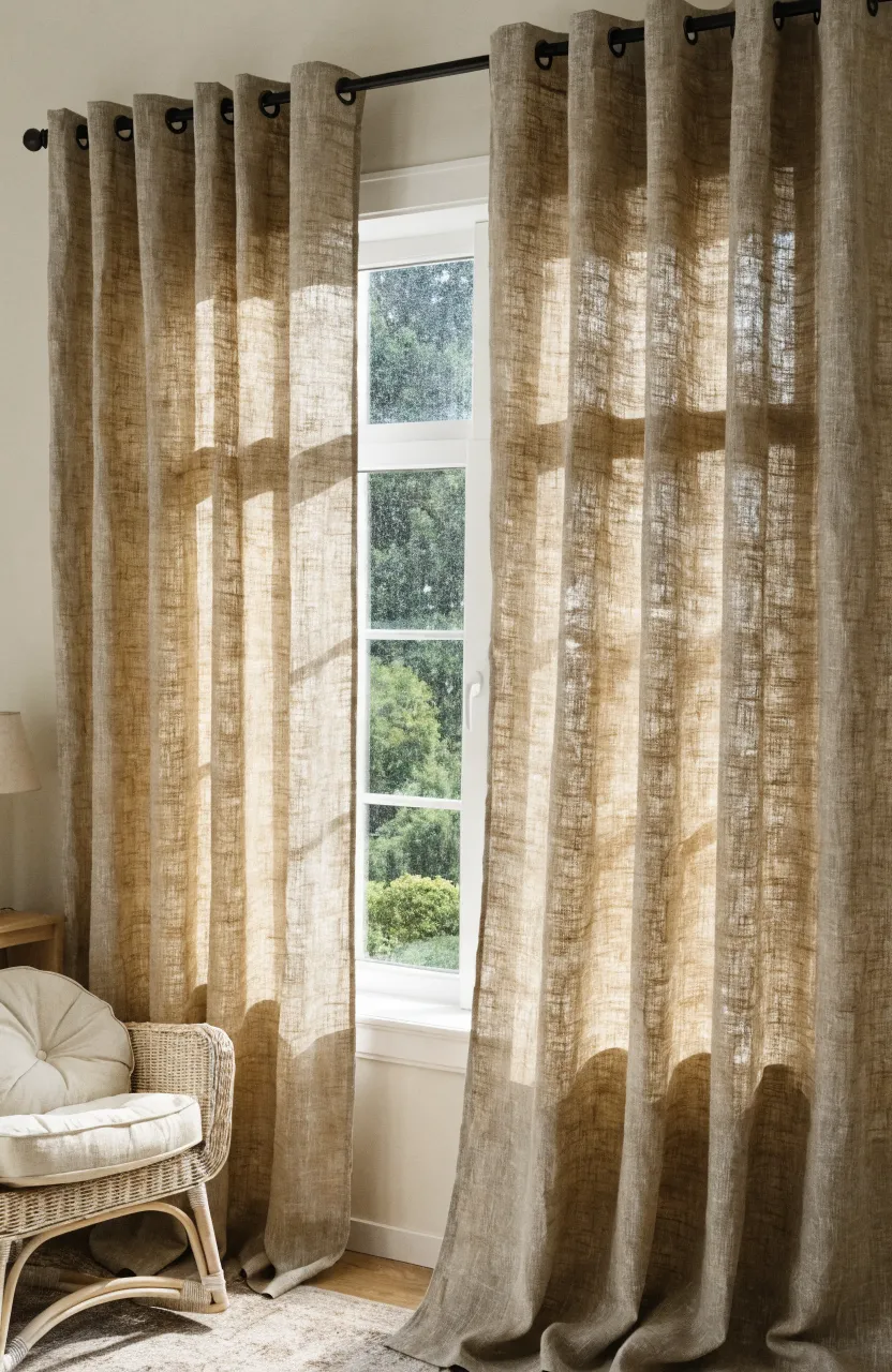 Neutral linen blackout curtains hanging in a bright, peaceful nursery.