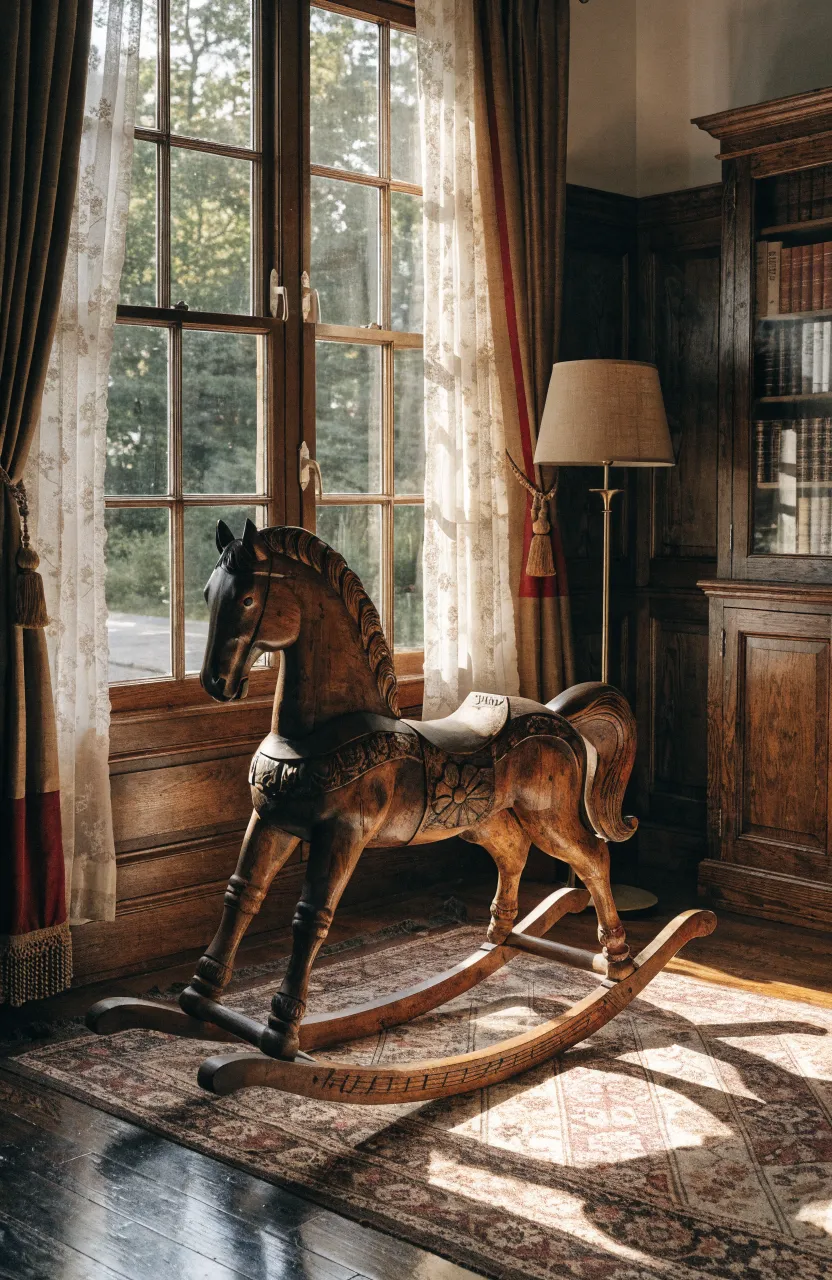 A vintage wooden rocking horse standing in the corner of a classic nursery.