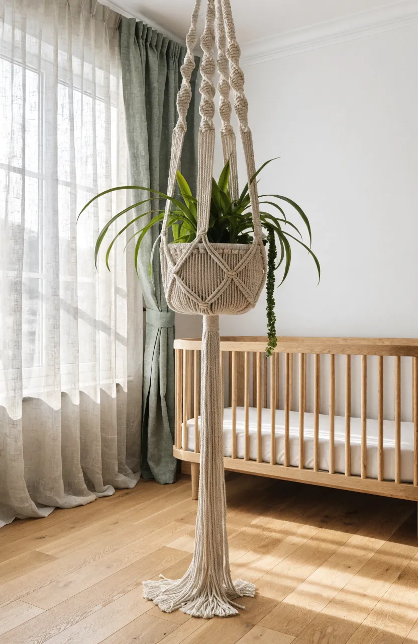 A cream macramé hanging planter with a spider plant in a bright, modern nursery with wooden floors.