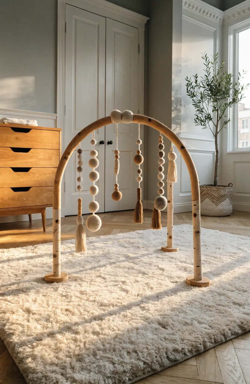 A simple birch wood baby play gym on a white rug in a minimalist, sun-drenched nursery.