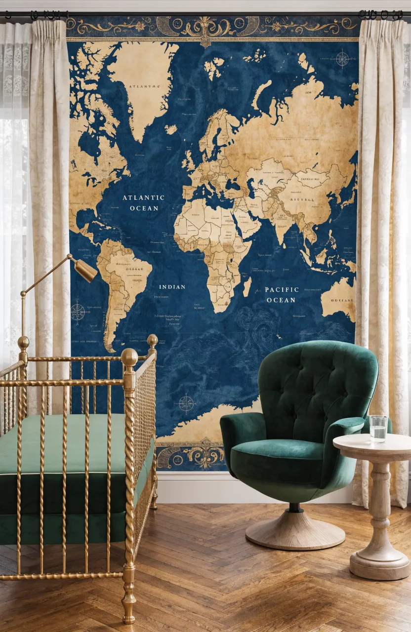 A full-wall vintage world map mural in navy and gold behind a stylish nursery crib.