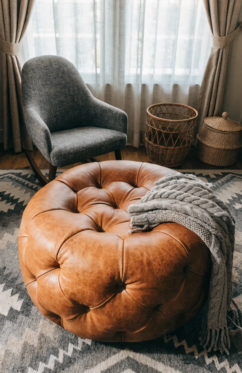 A cognac leather pouf ottoman sitting on a patterned rug next to a nursery glider chair.