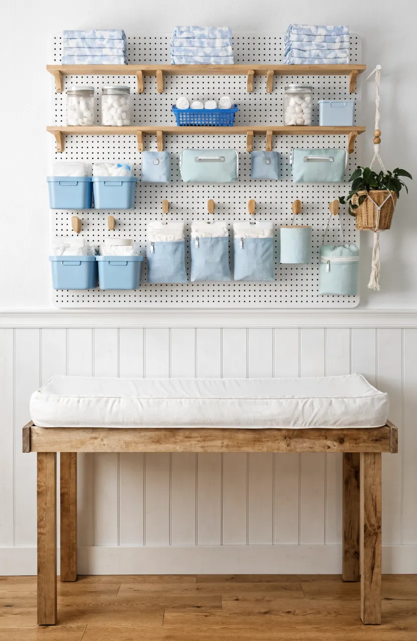 A white pegboard with wooden shelves and nursery supplies mounted above a changing table.