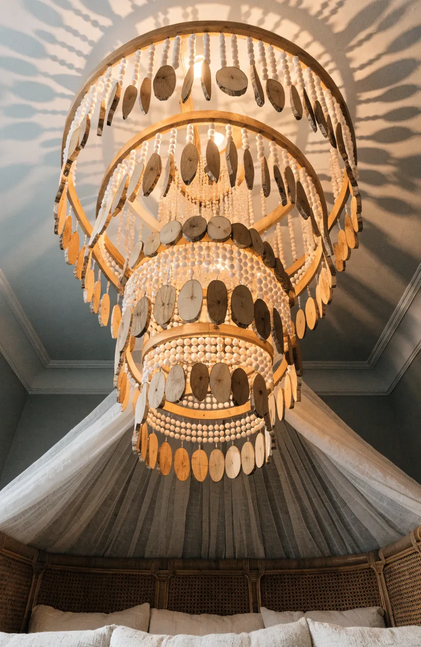 A tiered wood bead chandelier hanging from a nursery ceiling, emitting a soft warm glow.