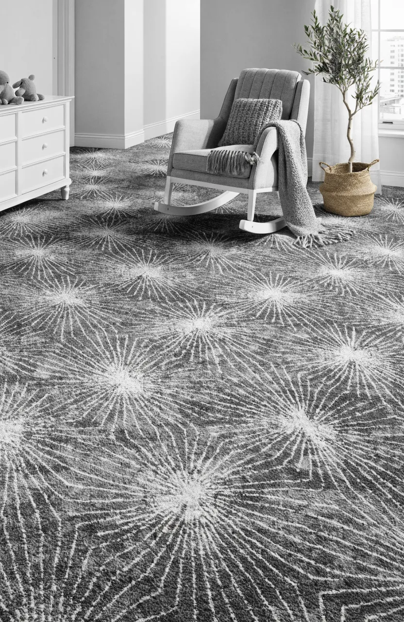 A wide view of a nursery featuring a grey carpet with a white star pattern under modern furniture.