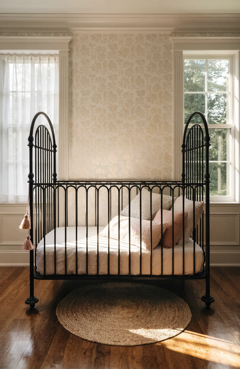 A classic black iron spindle crib centered in a bright, stylish nursery with hardwood floors.