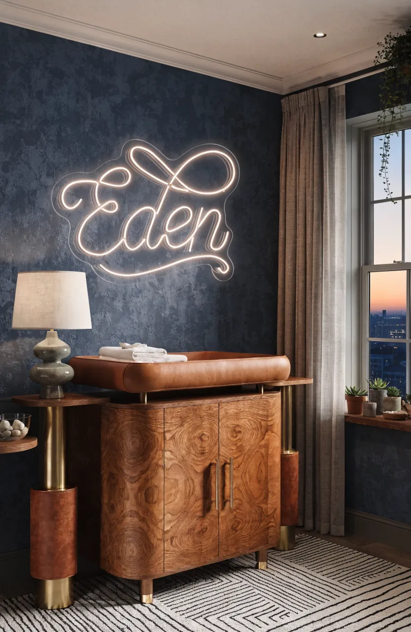 A custom warm white neon name sign glowing on a navy blue nursery wall above a dresser.
