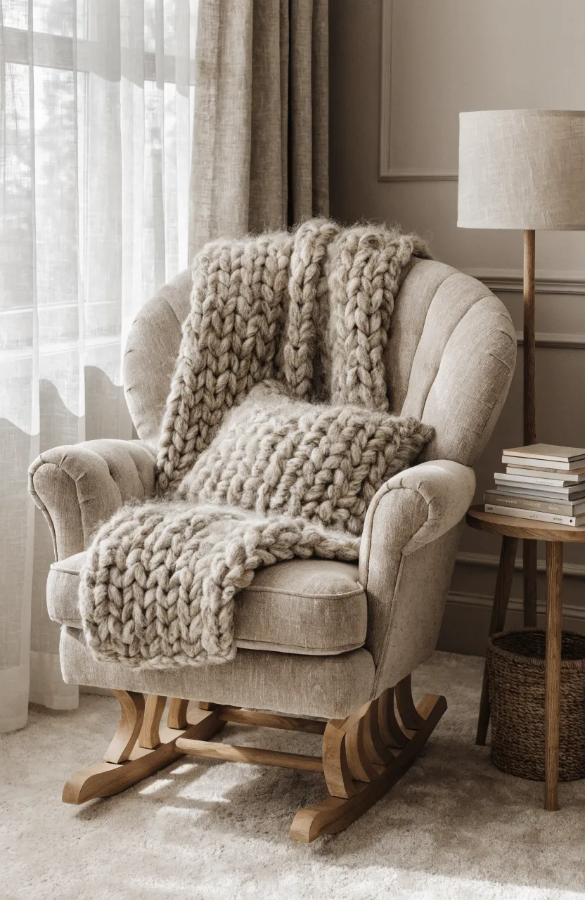 A thick, chunky wool knit blanket draped over a modern nursery glider chair in a cozy corner.