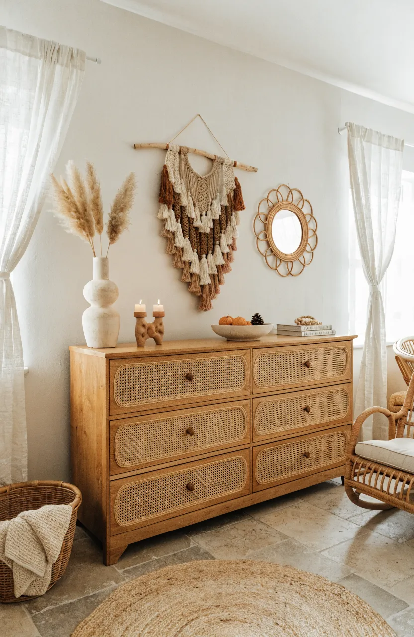 A wooden nursery dresser with woven cane drawer fronts in a bright, bohemian-style room.