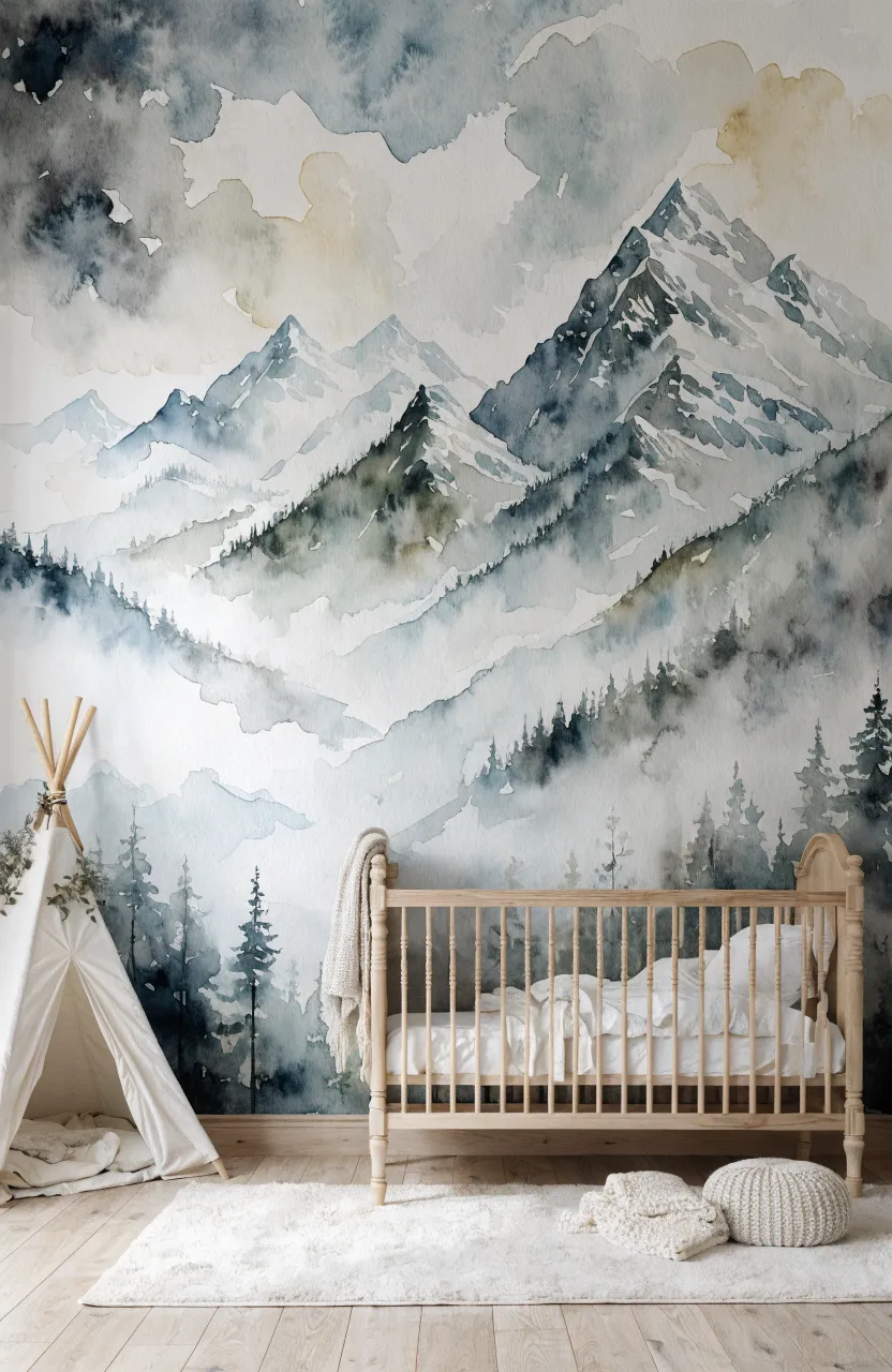 A nursery wall featuring a soft, muted watercolor mountain mural behind a wooden crib.