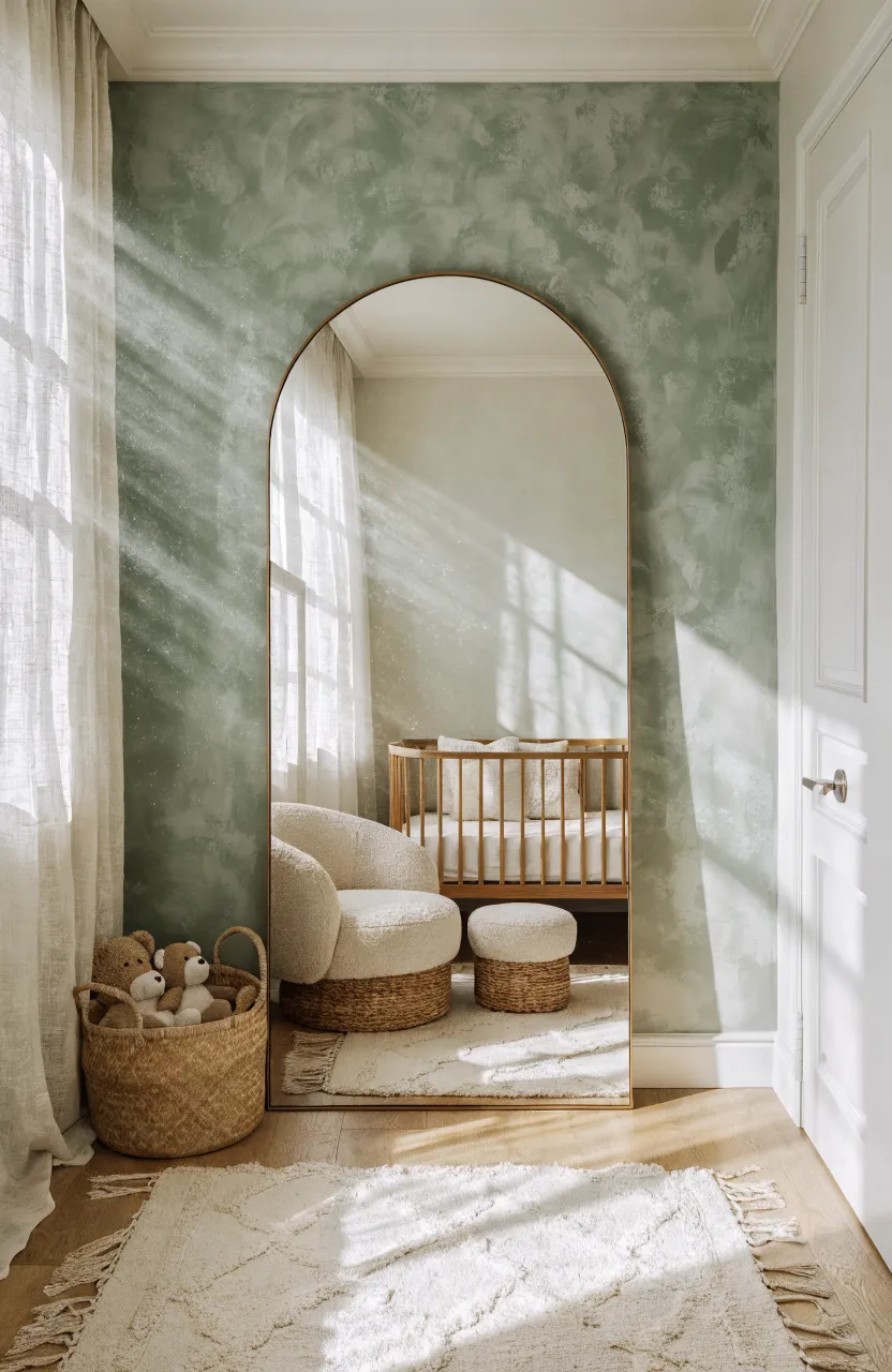 A stylish nursery with a large brass arched floor mirror reflecting a wooden crib and soft green walls.