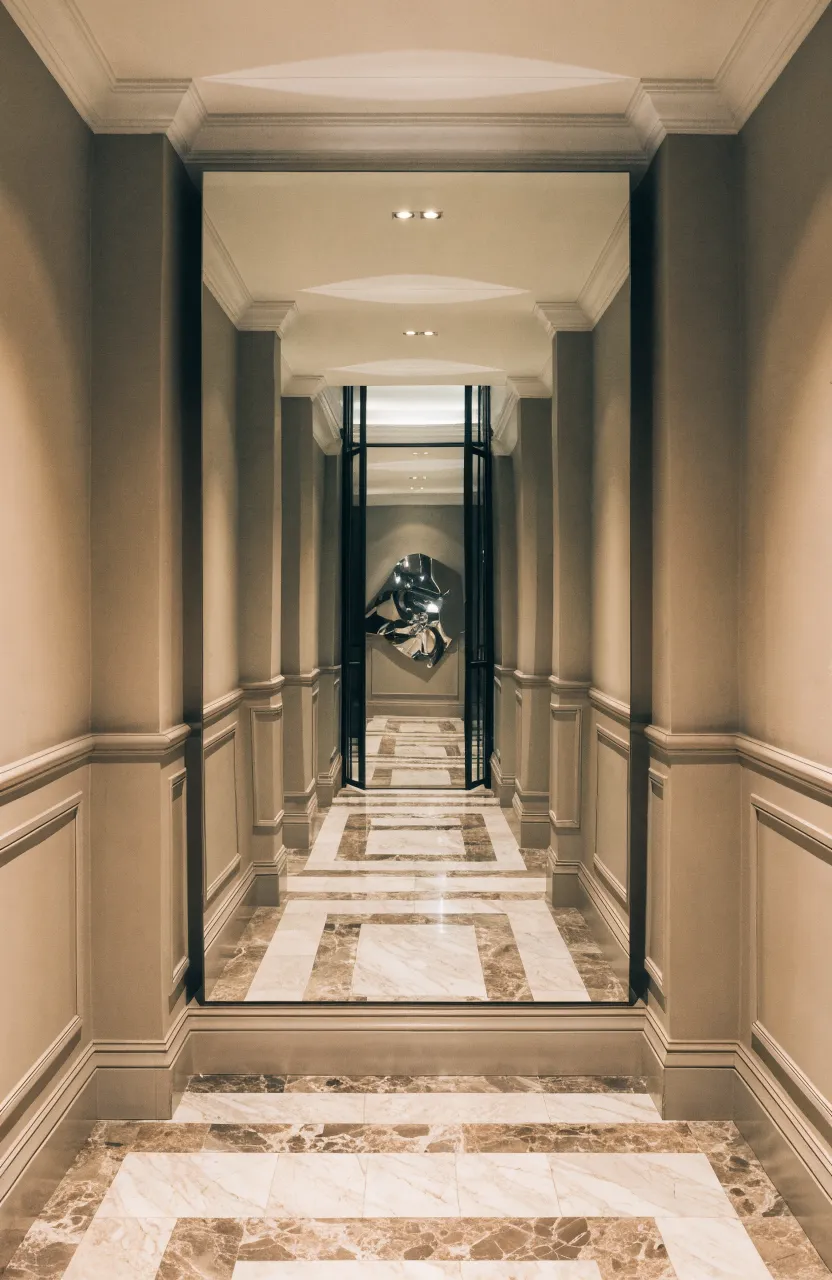 A large wall-to-wall mirror at the end of a narrow corridor reflecting the space to add depth.