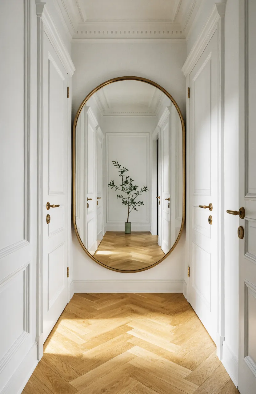 A round brass-framed mirror on a white hallway wall, breaking up the straight lines of doors.