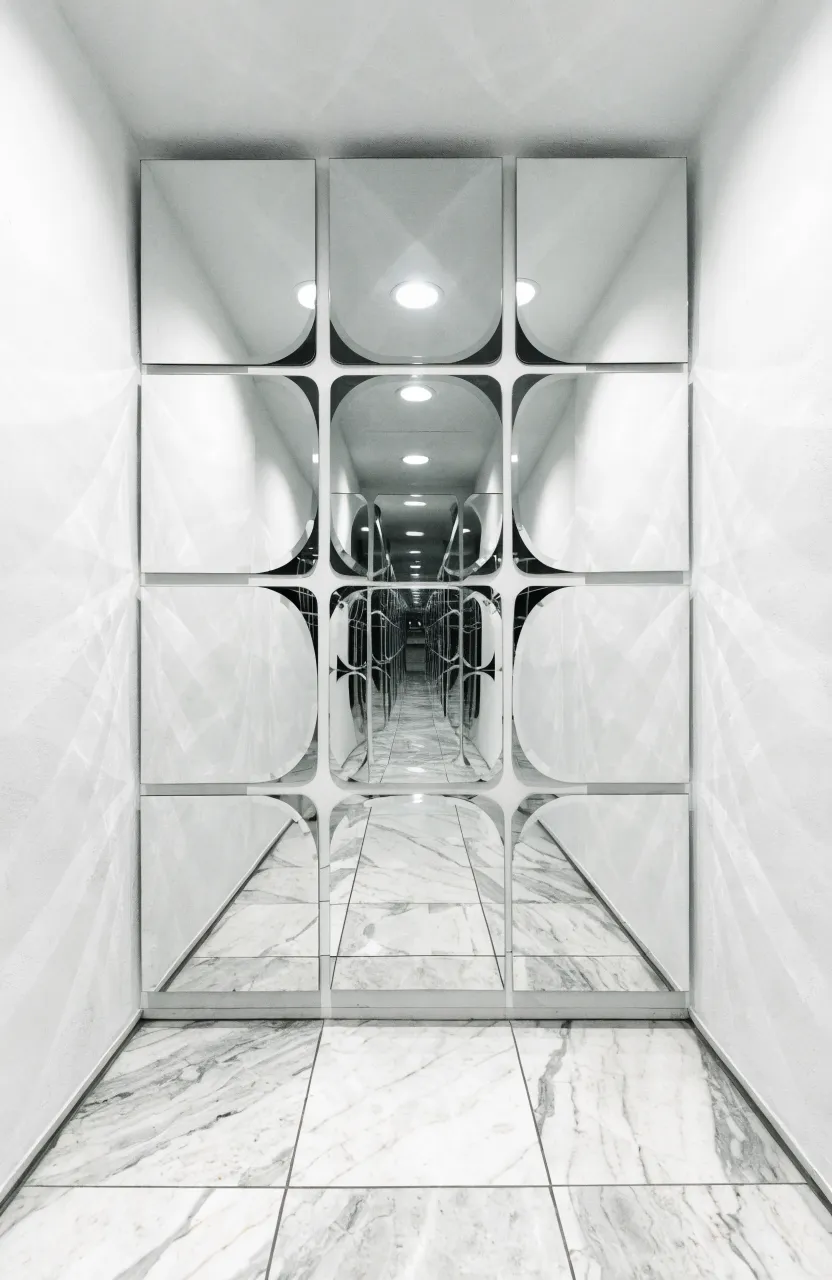A 3x3 grid of small square mirrors on a hallway wall creating a decorative window-like reflection.