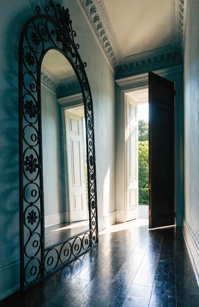 An arched mirror with a black frame on a hallway wall, reflecting light from an open door.