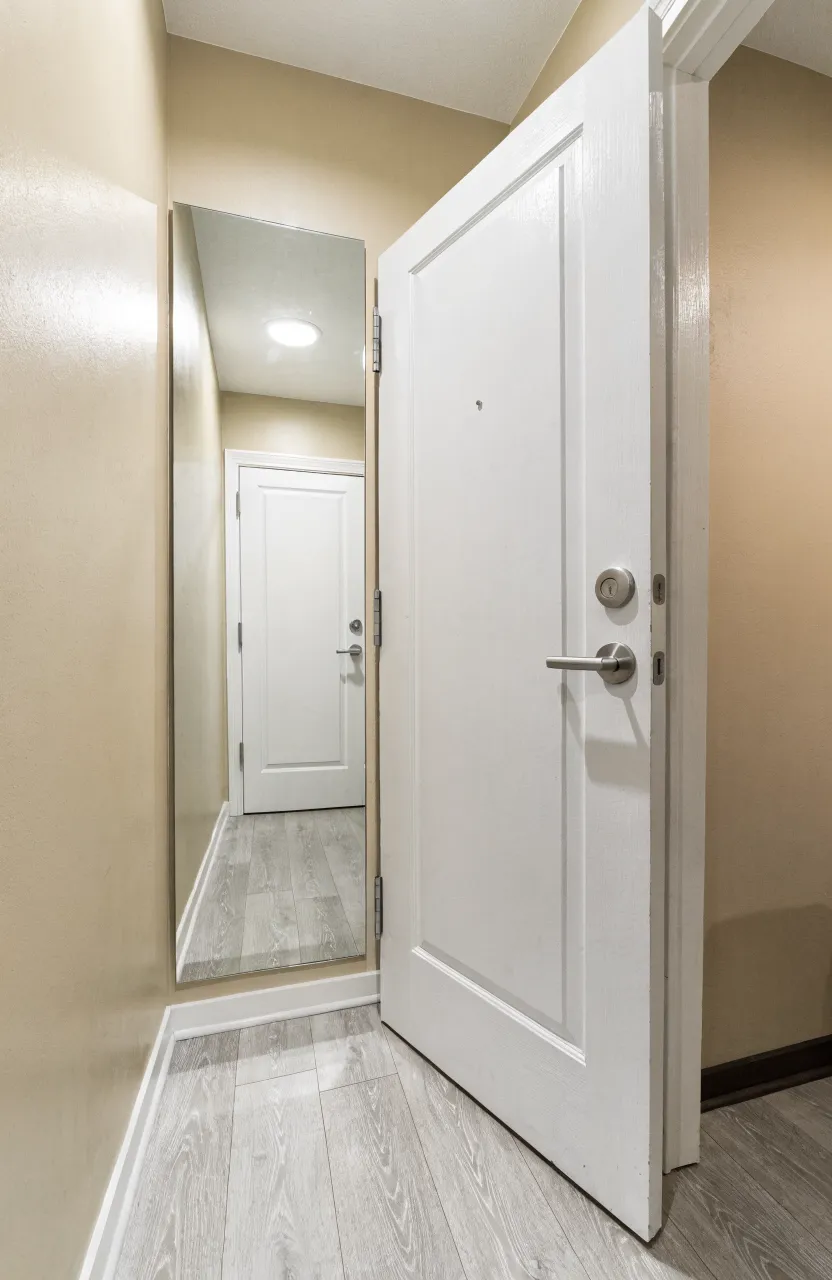 A slim vertical mirror mounted in the narrow gap behind an open door in a small hallway.