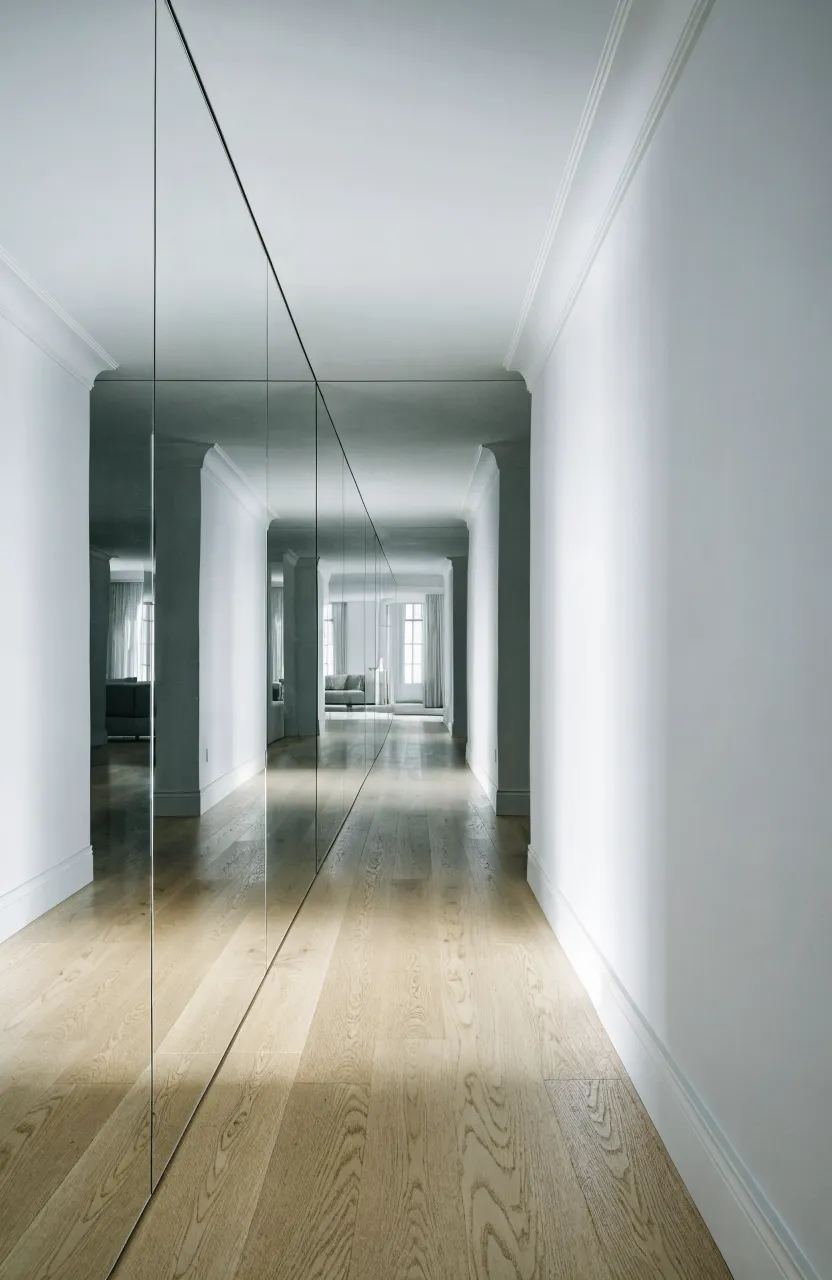 A narrow modern hallway with floor-to-ceiling mirror panels reflecting a bright interior.
