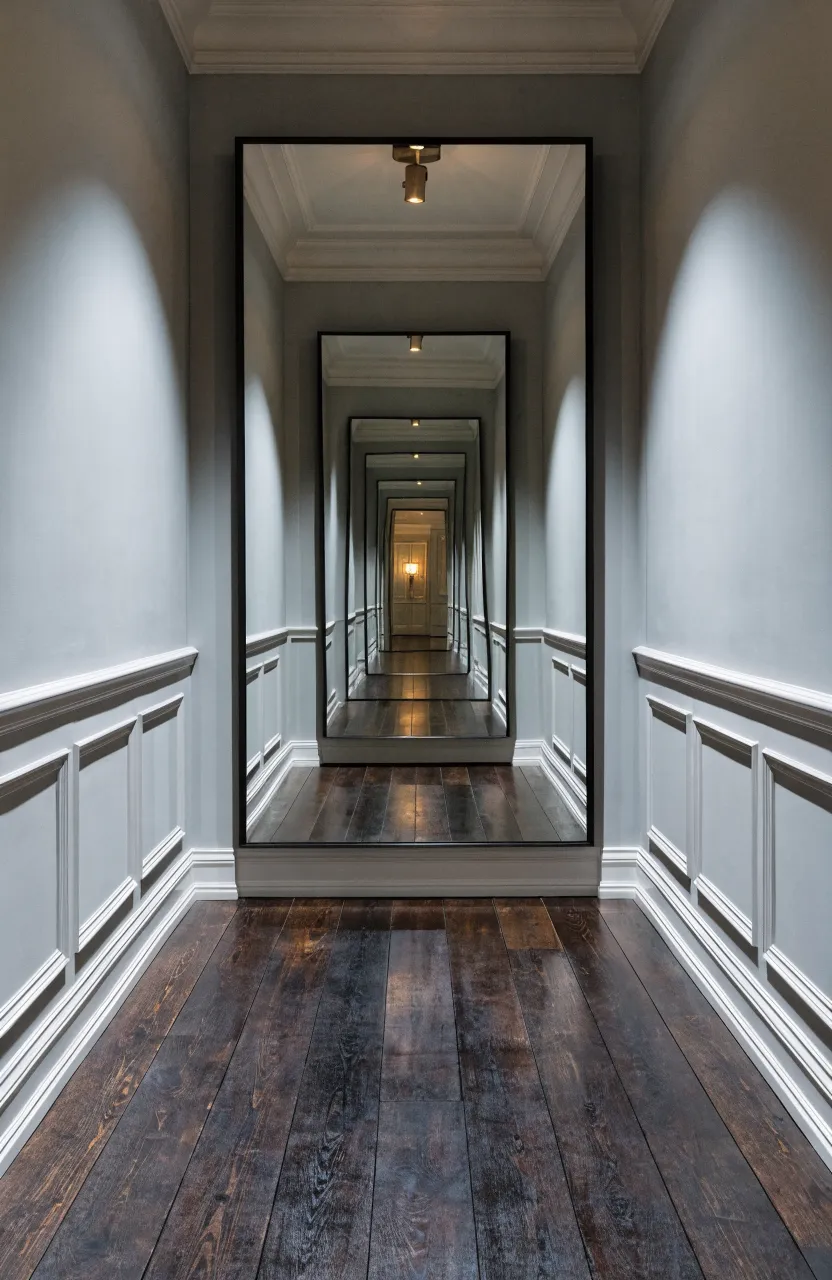 Identical mirrors on opposite hallway walls creating a deep infinity reflection effect.