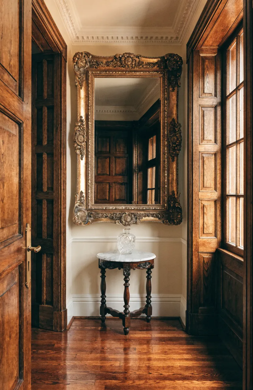 An ornate antique gold-framed mirror hanging in a classic hallway with warm lighting.