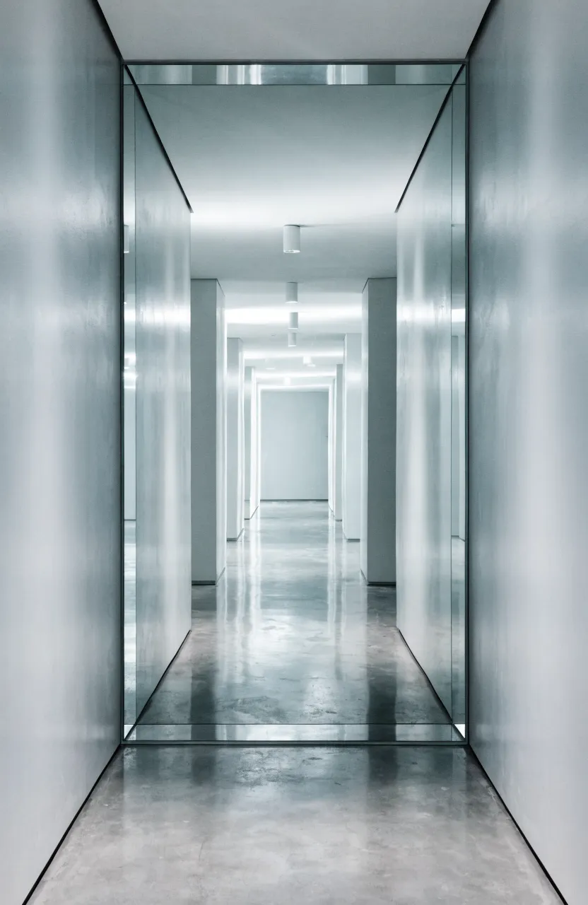 A large frameless beveled mirror blending into a minimalist grey hallway wall.