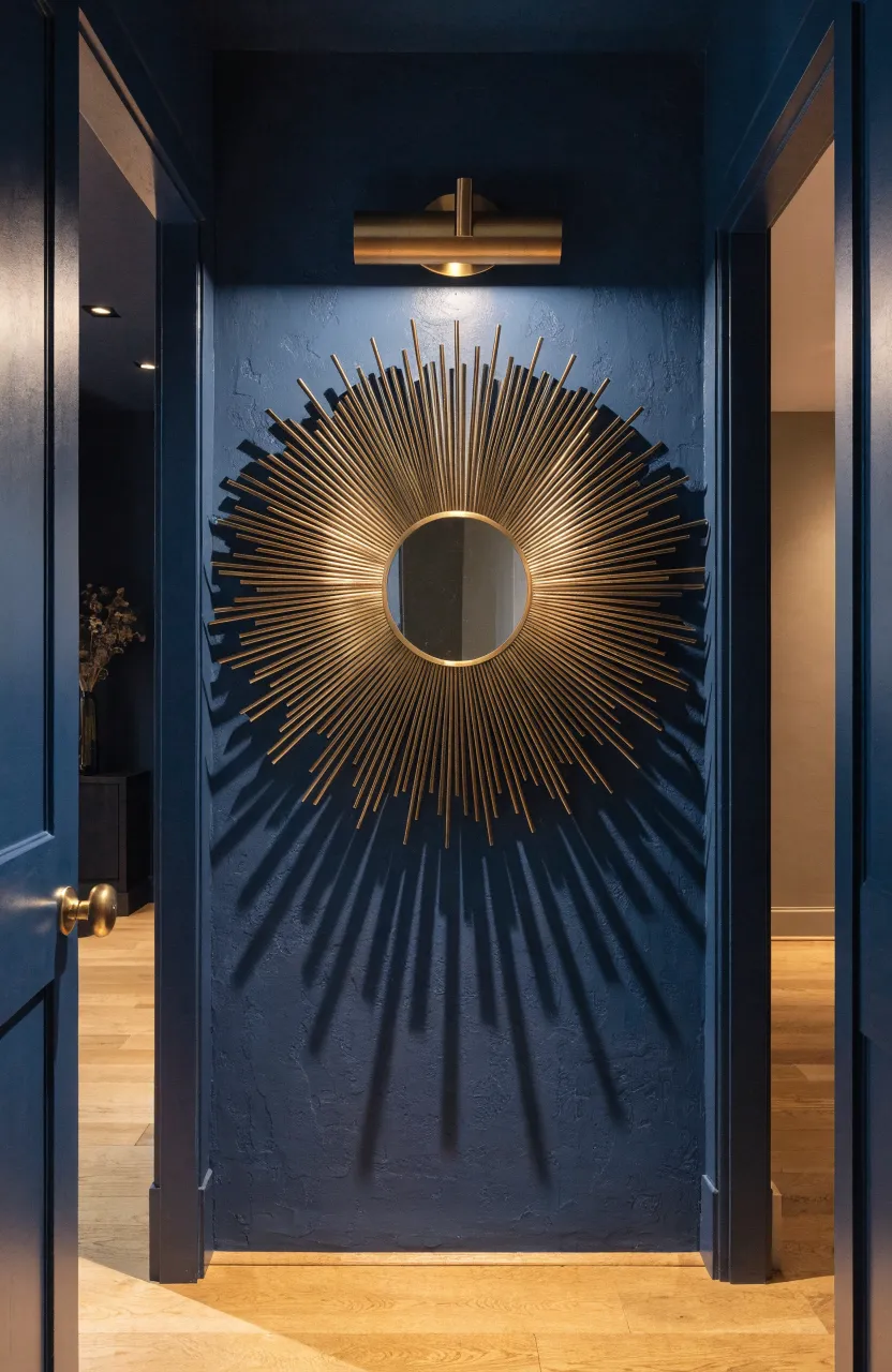 A brass sunburst mirror acting as a decorative centerpiece on a navy blue hallway wall.