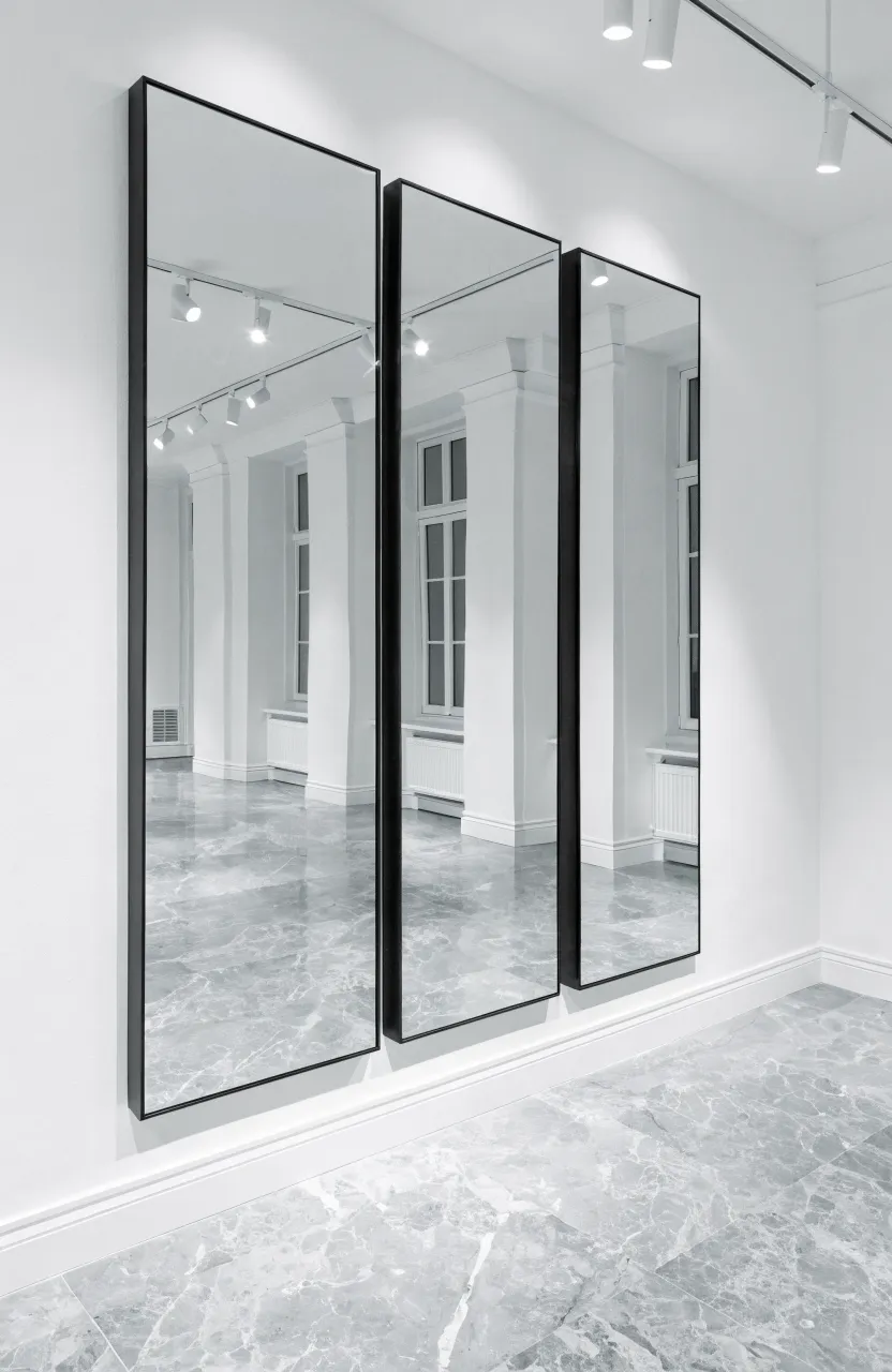 Three identical vertical mirrors hung in a row on a white hallway wall.