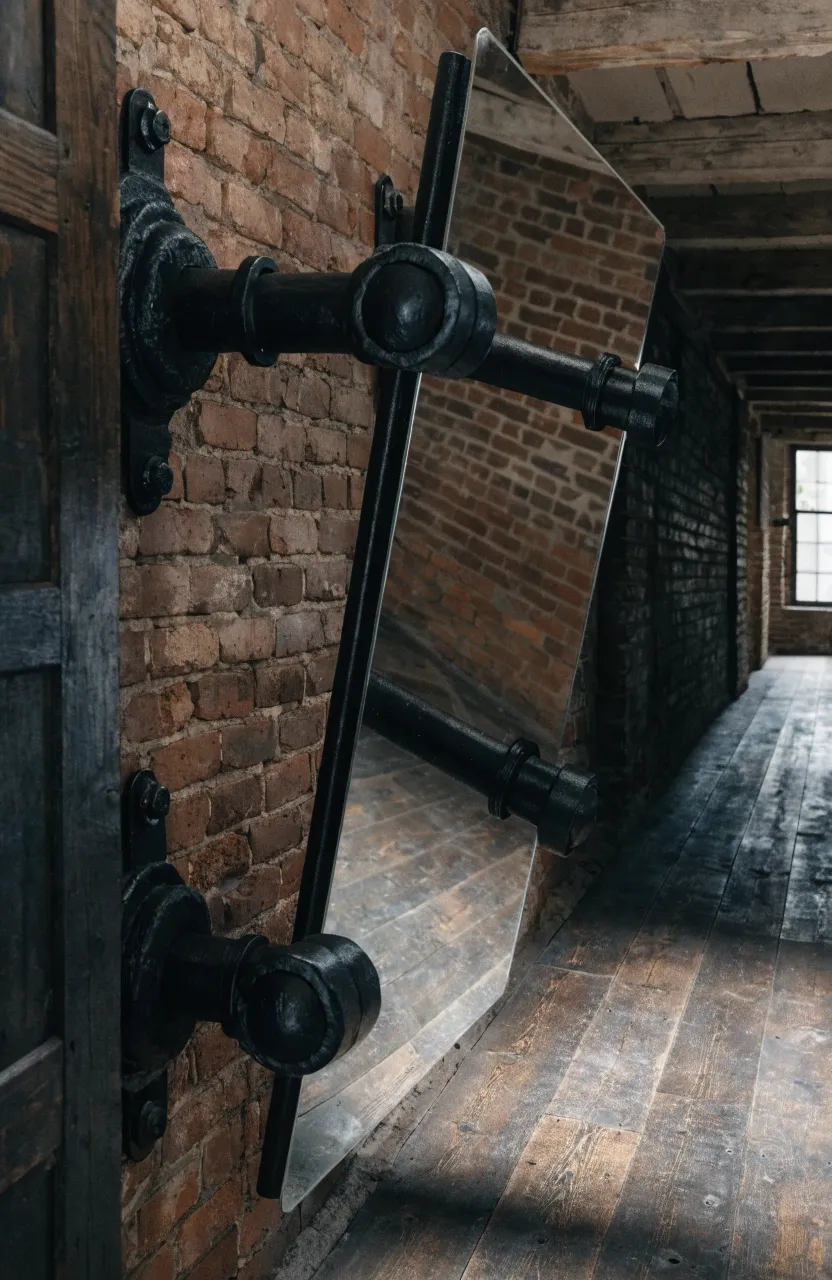A rectangular pivot mirror with black metal brackets mounted on a brick hallway wall.
