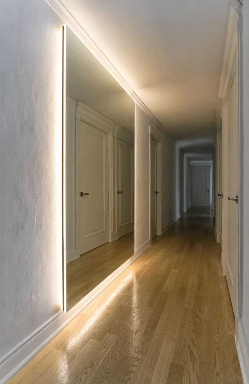A narrow modern hallway illuminated by a large rectangular backlit LED mirror on a white wall.