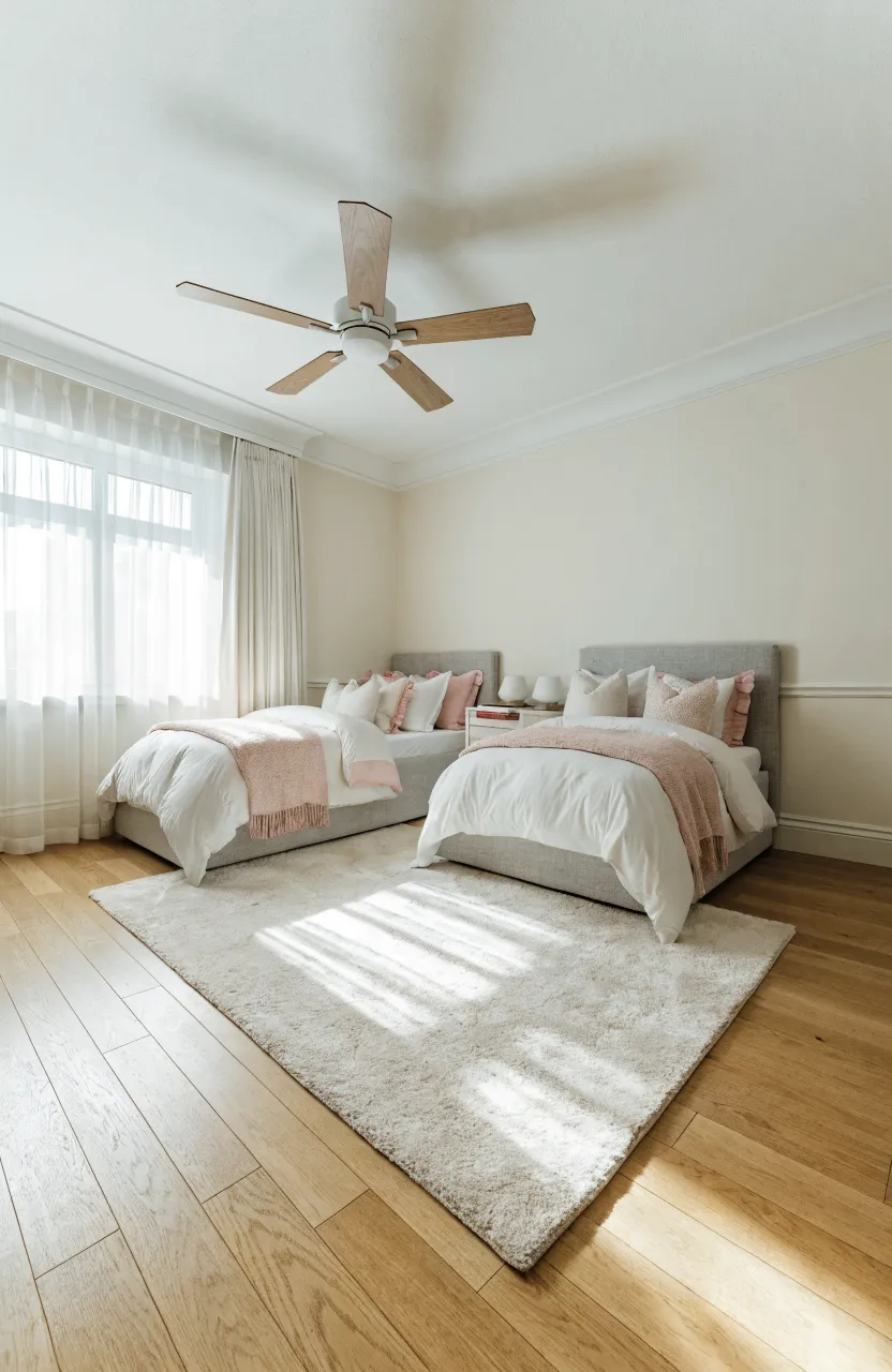 Two twin beds arranged in an L-shape in a bright corner of a shared bedroom with a central play area.