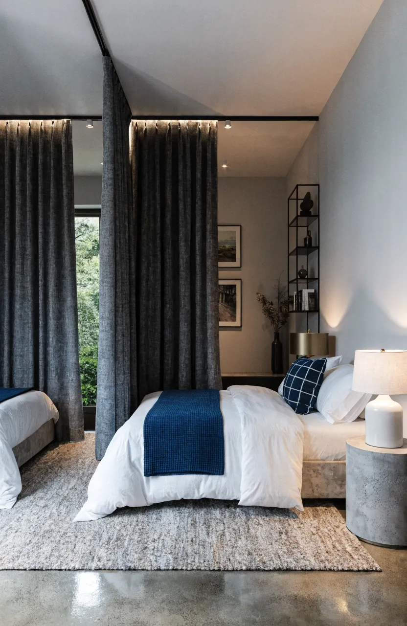 Heavy charcoal gray curtains hanging from a ceiling track to provide privacy between two beds in a shared room.