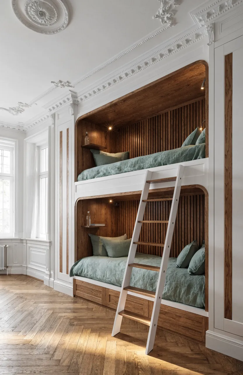 Custom white built-in bunk beds with integrated wooden shelves and warm individual reading lights in each nook.