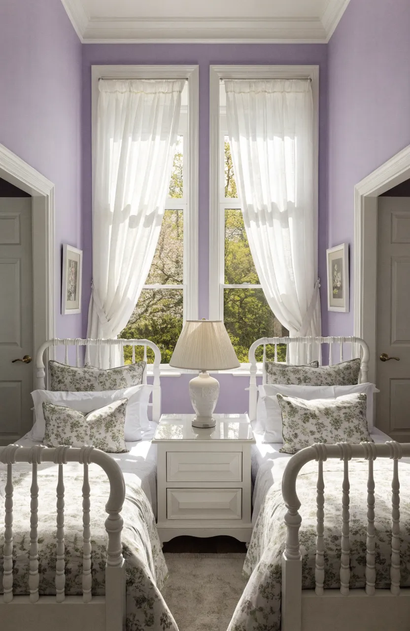 A balanced bedroom layout with two identical white twin beds and a shared central nightstand under soft morning light.