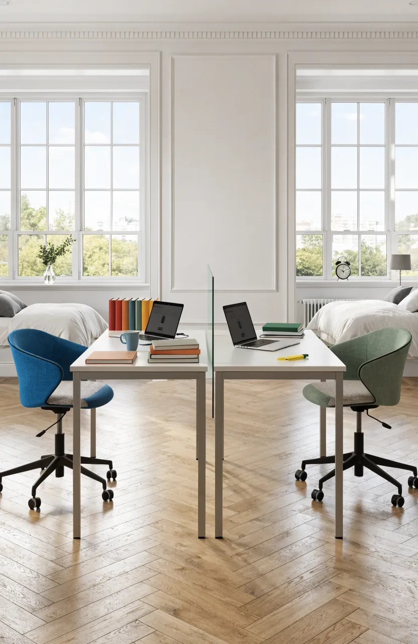 Two white desks arranged back-to-back with a low divider in a shared bedroom to create a focused study area.