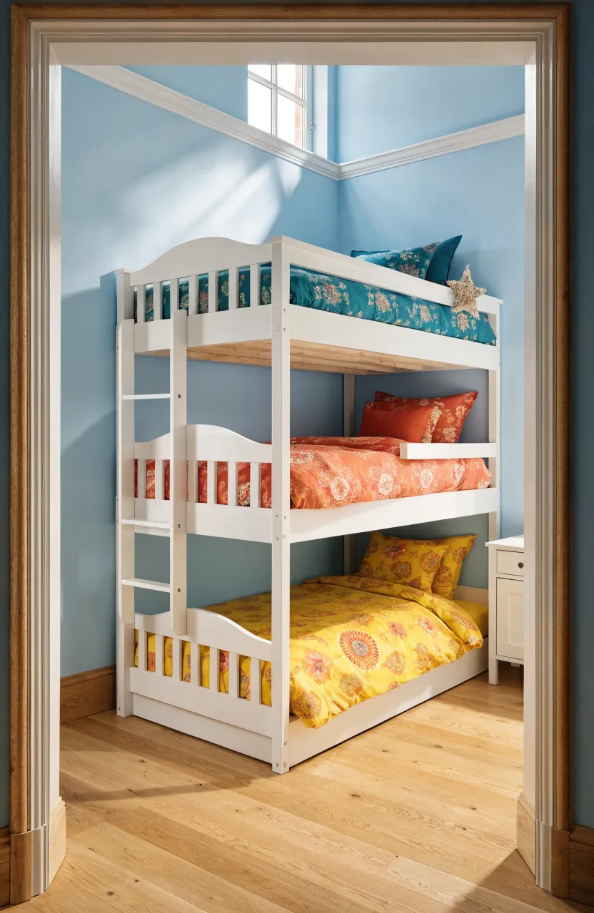 A white wooden triple bunk bed with a perpendicular bottom mattress to maximize space in a shared room.