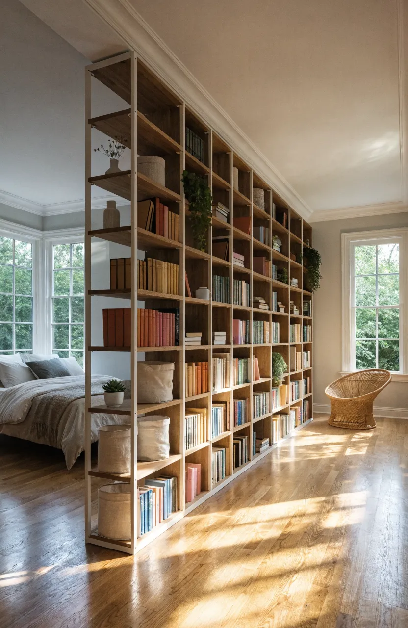 A tall white open-backed bookshelf used as a room divider to create personal space in a shared bedroom.