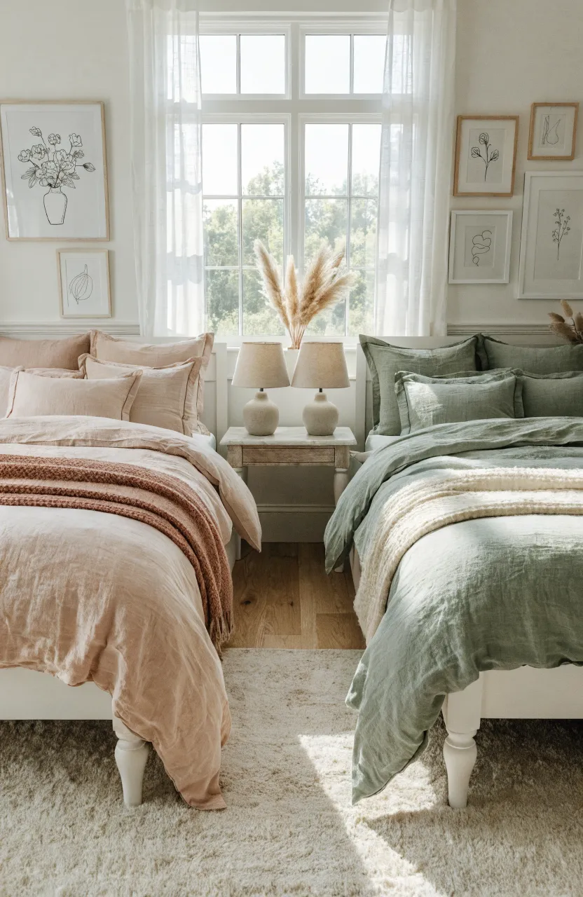 Two twin beds in a shared room with contrasting dusty rose and sage green bedding to define space.